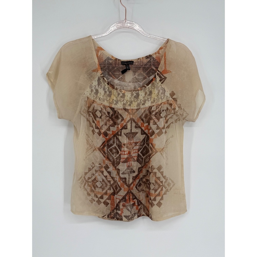 FANG Womens M Medium Top Sheer Bohemian Aztec Print Lace Trim Blouse